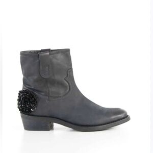 Twinset black leather ankle boots with a beaded rosette detail on the heel.
